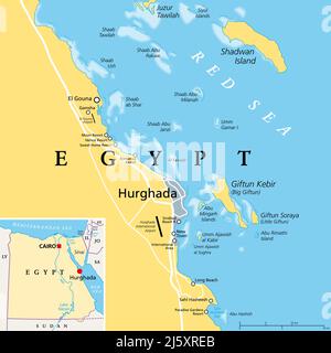 Hurghada e dintorni, Egitto, mappa politica. Città e zona nel Governatorato del Mar Rosso d'Egitto, e uno dei principali centri turistici del paese. Foto Stock