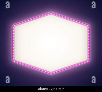 Lightbox viola retrò con lampadine bianche, mockup di segnaletica teatrale vintage isolato su sfondo scuro Illustrazione Vettoriale
