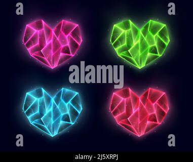 Cristalli realistici a forma di cuore, gemme incandescenti colorate. 3d pietre magiche Illustrazione Vettoriale