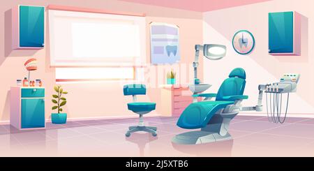 Studio dentistico, servizio di stomatologia o dispensa clinica, ortodontista pratica interno di lavoro con sedia moderna dotata di motore dentale integrato AN Illustrazione Vettoriale