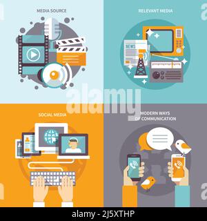 Set di concetti per la progettazione di supporti con sorgenti di comunicazione isolate da icone piatte illustrazione vettoriale Illustrazione Vettoriale