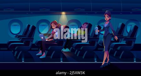Passeggeri in cabina aerea notturna. L'uomo dorme in aereo, ragazza freelancer lavoro su portatile stewardess portare bottiglia d'acqua. Persone in viaggio che dormono e WO Illustrazione Vettoriale