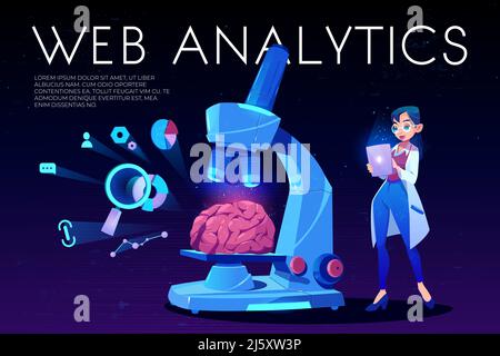 Landing page di Web Analytics, donna scienziata in abito bianco che tiene il supporto del tablet al microscopio enorme con cervello umano e icone seo, neon incandescente futuris Illustrazione Vettoriale