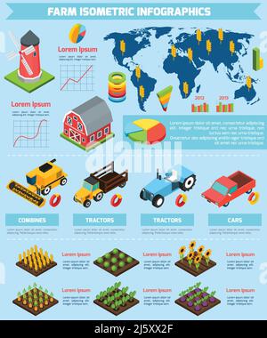 Moderna analisi statistica delle attrezzature e degli impianti agricoli internazionali presentazione del rapporto infografico astratto isometrico ve Illustrazione Vettoriale