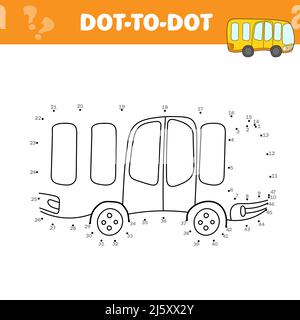 Cartoon bus giallo. Gioco didattico da punto a punto per bambini. Illustrazione vettoriale in bianco Illustrazione Vettoriale