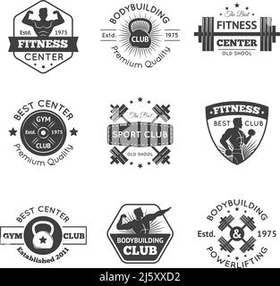 Emblemi del club fitness e della palestra sportiva insieme di illustrazioni vettoriali isolate Illustrazione Vettoriale