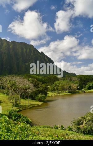 Vista delle montagne e del lago d’acqua dolce dal Giardino Botanico di ho’omaluhia sull’isola di Oahu, Kaneohe, Hawaii, USA Foto Stock