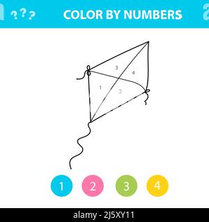 Colore per numero - Kite. Gioco per bambini, gioco di istruzione per bambini. Colore per numero, illustrazione in bianco e nero Illustrazione Vettoriale