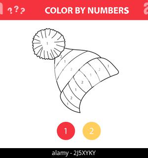 Libro da colorare per bambini, vettore cappello invernale. Colore per numeri - cappello caldo. Colore per numeri, attività stampabile, foglio di lavoro per l'età prescolare Illustrazione Vettoriale