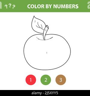 Colore per numero - foglio di lavoro per i bambini. Imparare i numeri e colorare libro - semplice mela vettoriale su bianco Illustrazione Vettoriale