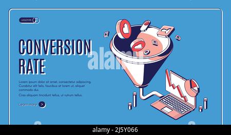 Velocità di conversione banner Web isometrico. Canale di vendita imbuto, conversione di buyer di marketing di affari in entrata e generazione di profitti di denaro o infoch di acquisto Illustrazione Vettoriale