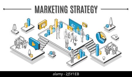 Sviluppo strategia di marketing aziendale concetto vettoriale isometrico con uomini d'affari e gruppo di donne d'affari, team di dipendenti aziendali analisi, discutere Illustrazione Vettoriale