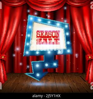 Stagione vendita banner luce su sfondo palco con tenda rossa illustrazione vettoriale realistica Illustrazione Vettoriale