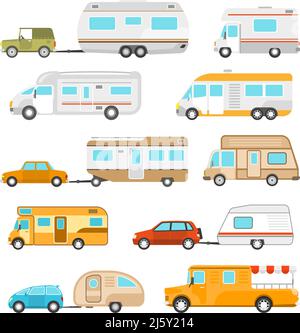 Icone di veicoli da diporto impostate con diversi tipi di moto case a vista, con illustrazione vettoriale isolata e piatta Illustrazione Vettoriale