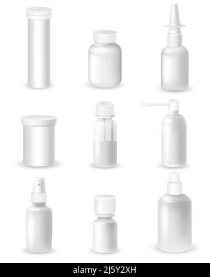 Set di flaconi bianchi bianchi per spray e pillole realistici illustrazione vettoriale isolata Illustrazione Vettoriale