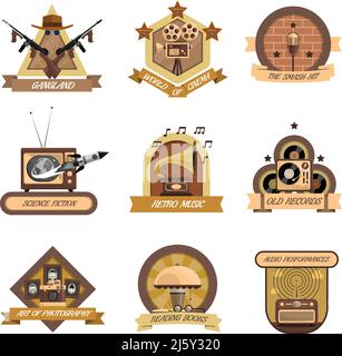 Emblemi retrò ambientato nel mondo del cinema e dei vecchi dischi simboli immagine vettoriale isolata piatta Illustrazione Vettoriale