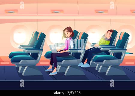 Uomo dormire in aereo, ragazza freelancer lavoro su computer portatile in salone aereo, passeggeri in vacanza con trasporto aereo. Persone che dormono e. Illustrazione Vettoriale