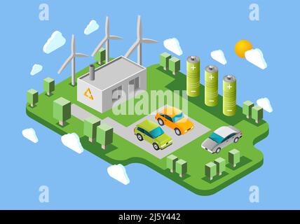 Auto elettriche stazione di ricarica pubblica banner isometrico con energia verde illustrazione vettoriale astratta delle strutture e degli scambi di batteria Illustrazione Vettoriale