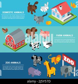 Banner orizzontale con allevamento domestico e zoo animali isometrici elementi illustrazione vettoriale isolata Illustrazione Vettoriale