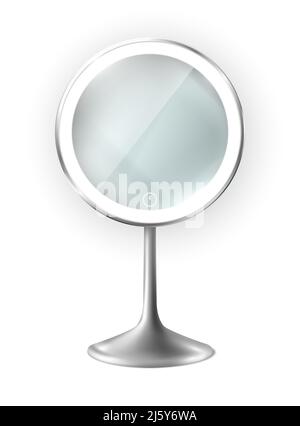 3d icona del vettore realistico. La bellezza del tavolo di moda compongono lo specchio con luce riflettente che illumina. Illustrazione Vettoriale