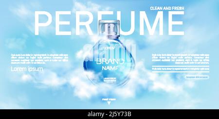 Flacone spray profumo in cielo nuvoloso landing page mock up banner. Mockup di fiasche di vetro su sfondo blu cielo con nuvole. Fragranza profumata professionale cosmetica Illustrazione Vettoriale