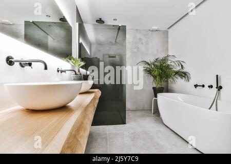 Cabina doccia e vasca di forma ovale in un moderno e spazioso bagno illuminato con lavandini in ceramica bianca e armadietto in legno Foto Stock