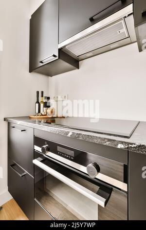 Interno di cucina spaziosa e contemporanea arredato con contatore nero con stufa in muratura vicino elementi decorativi in casa luce Foto Stock