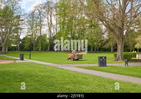 Il lavoratore del consiglio in un giro sul tosaerba nel parco delle regine a Loughborough, Leicestershire, Regno Unito Foto Stock