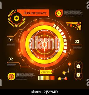 Arancione modello interfaccia hud gioco virtuale su vettore sfondo scuro illustrazione Illustrazione Vettoriale