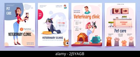 Set di striscioni per cliniche veterinarie. Servizio Vet, cura di cani e gatti, procedure termali per animali in ufficio terapeutico, assistenza sanitaria animali, pubblicità ospedaliera Illustrazione Vettoriale