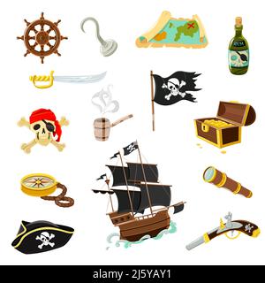 Accessori pirati icone piatte collezione con scrigno in legno e. nero jolly roger flag illustrazione vettoriale astratta Illustrazione Vettoriale