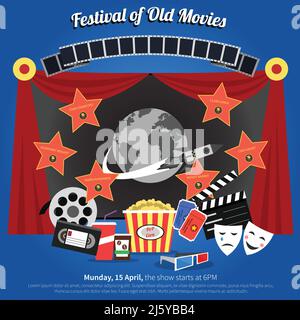 Poster del festival cinematografico con simboli dell'industria cinematografica illustrazione vettoriale piatta Illustrazione Vettoriale