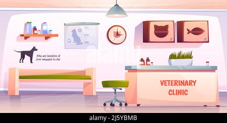 Reception Vet Clinic. Interno della sala veterinaria con scrivania e mobili da amministratore. Hall dell'ospedale con bandiere per cani e gatti a parete, animali domestici Illustrazione Vettoriale