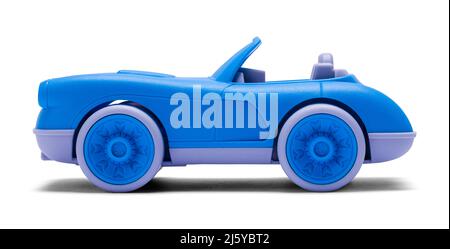 Blue Plastic Toy Car Cut out on White. Foto Stock
