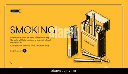 Attività di fumo pagina di atterraggio isometrica, pacchetto di sigarette e set di accendini, tabacco nicotina prodotto web banner design su sfondo giallo. Male unhe Illustrazione Vettoriale