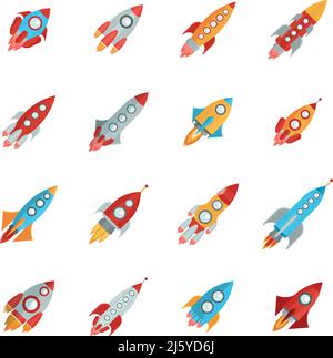 Le icone del razzo Flying Bright Space sono impostate con lancio e fuoco illustrazione vettoriale isolata in piano Illustrazione Vettoriale