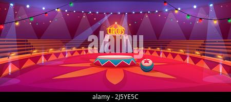 Circus Arena, classico palcoscenico rotondo sotto la cupola del marchese con posti a sedere, ghirlande e faretti. Tenda vuota ad anello di carnevale nel parco divertimenti per famiglie, ent Illustrazione Vettoriale