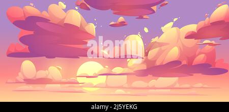 Alba o tramonto cielo con le nuvole. Vettore cartoon illustrazione di bella sera o mattina cielo nuvoloso colorato in arancione e viola. Grad estivo Illustrazione Vettoriale