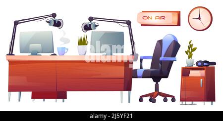 Set di accessori interni per radio Station Studio. Tavolo con microfoni, pc, su air signboard e attrezzature professionali per programmi musicali e trasmissioni podcast Illustrazione Vettoriale