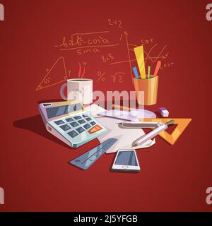 Concetto di matematica scienza con gli elementi della lezione scolastica in cartoon retrò illustrazione vettoriale di stile Illustrazione Vettoriale