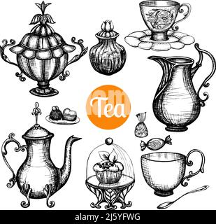 Set da tè retrò disegnato a mano con torta di tazza di teiera isolata illustrazione vettoriale Illustrazione Vettoriale