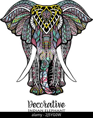 Elefante con vista frontale disegnata a mano con illustrazione vettoriale ornamentale colorata Illustrazione Vettoriale