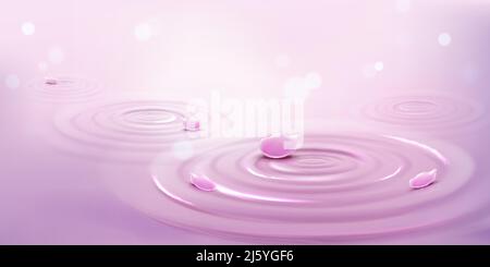 Cerchi su acqua e petali di fiori rosa. Superficie liquida con anelli divergenti, vortici e spruzzi con scintille sfocate. Increspature sullo sfondo del mare pazzo Illustrazione Vettoriale