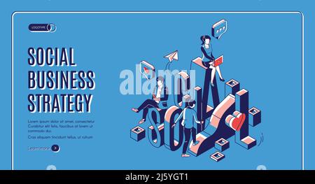 Pagina di destinazione isometrica della strategia di social business. Gli uomini d'affari lavorano in internet utilizzando i gadget che si arrampicano sulla crescente tabella dati. Marketing digitale AN Illustrazione Vettoriale