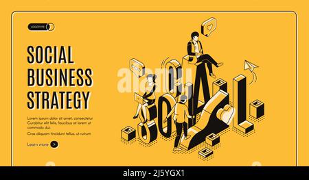 Pagina di destinazione isometrica della strategia di social business. Gli uomini d'affari lavorano in internet utilizzando i gadget che si arrampicano sulla crescente tabella dati. Marketing digitale AN Illustrazione Vettoriale