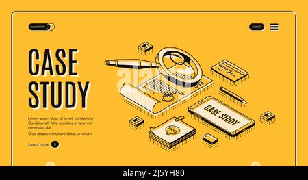 Banner Web isometrico del case study. Ricerca e analisi delle informazioni aziendali, lente di ingrandimento sopra il certificato, documento con timbro, smartphone e s. Illustrazione Vettoriale