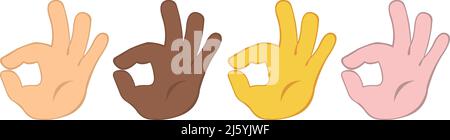 Illustrazione vettoriale delle mani che fanno un gesto ok o perfetto, in diversi colori Illustrazione Vettoriale