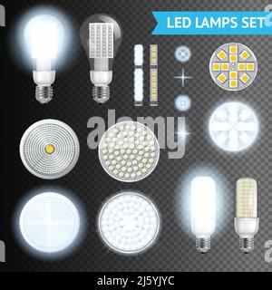 Luci a LED e effetti luminosi realistici accesi e spenti di diverse dimensioni e forme isolate su sfondo trasparente illustrazione vettoriale realistica Illustrazione Vettoriale