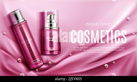 Cosmetici tubi bendino mockup, prodotto cosmetico naturale di bellezza per la cura del viso o del corpo su fondo tessile lucido piegato di seta rosa con perle, bottiglia Illustrazione Vettoriale