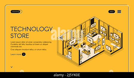 Pagina di destinazione isometrica del negozio di tecnologia. Interni vuoti con produzione elettronica su scaffali, pannelli di gioco, monitor, gadget per giochi, bancone Illustrazione Vettoriale